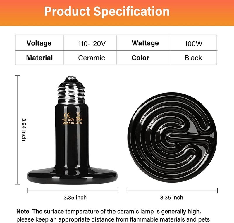 HealSmart Reptile Heat Lamp 100W 2-Pack Ceramic Heat Emitter, No Light Emitting Heat Bulbs for Amphibian Pet Brooder Coop Incubating Chicken, Lizard Bearded Dragon Turtle Snake Terrarium Black - Image 2
